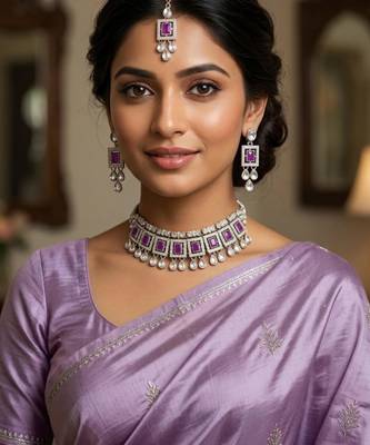 Purple color necklace set with earrings & maang tikka | kundan & agate stone | silver plated 1