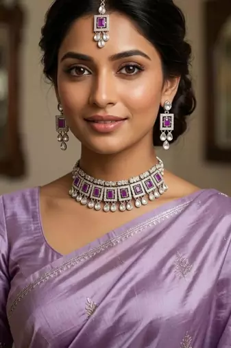 Purple color necklace set with earrings & maang tikka | kundan & agate stone | silver plated