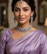 Purple color necklace set with earrings & maang tikka | kundan & agate stone | silver plated