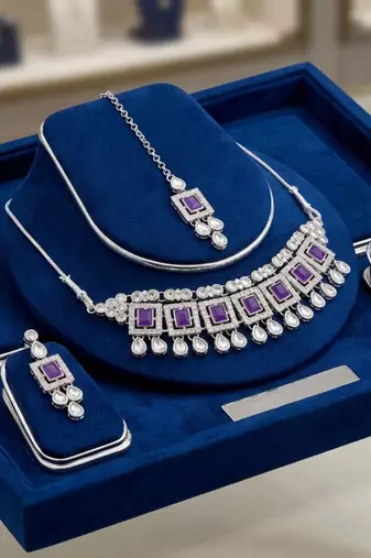 Purple color necklace set with earrings & maang tikka | kundan & agate stone | silver plated