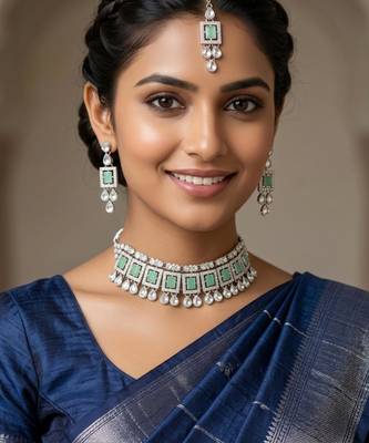 Pista color necklace set with earrings & maang tikka | kundan & agate stone | silver plated 1