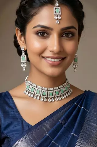 Pista color necklace set with earrings & maang tikka | kundan & agate stone | silver plated