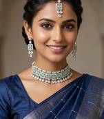 Pista color necklace set with earrings & maang tikka | kundan & agate stone | silver plated