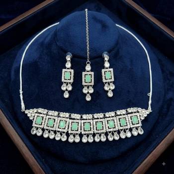 Pista color necklace set with earrings & maang tikka | kundan & agate stone | silver plated 2