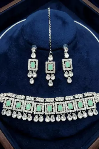 Pista color necklace set with earrings & maang tikka | kundan & agate stone | silver plated