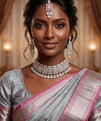 Pink color necklace set with earrings & maang tikka | kundan & agate stone | silver plated 1