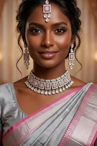 Pink color necklace set with earrings & maang tikka | kundan & agate stone | silver plated