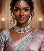 Pink color necklace set with earrings & maang tikka | kundan & agate stone | silver plated