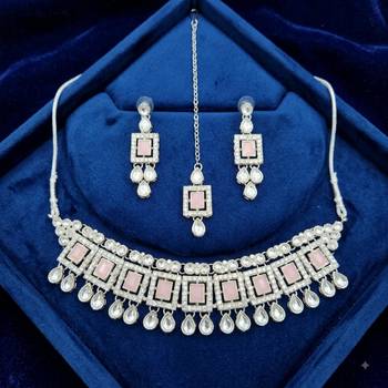Pink color necklace set with earrings & maang tikka | kundan & agate stone | silver plated 2