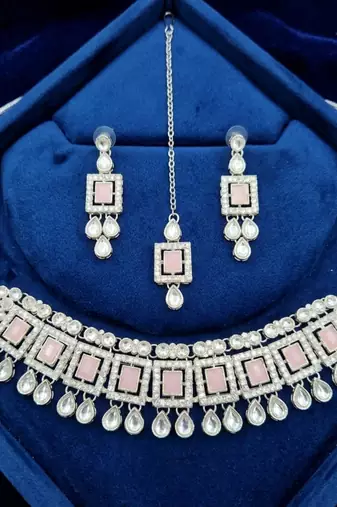 Pink color necklace set with earrings & maang tikka | kundan & agate stone | silver plated