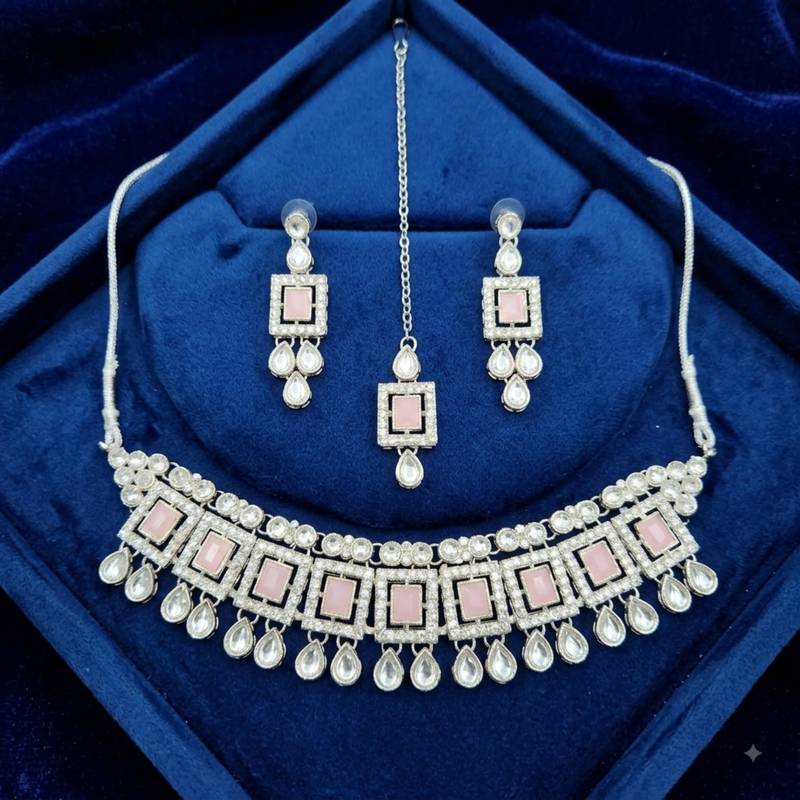 Pink color necklace set with earrings & maang tikka | kundan & agate stone | silver plated