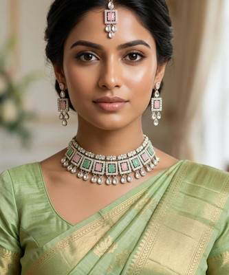Pink pista color necklace set with earrings & maang tikka | kundan & agate stone | silver plated 1