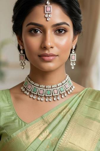 Pink pista color necklace set with earrings & maang tikka | kundan & agate stone | silver plated
