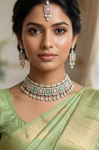 Pink pista color necklace set with earrings & maang tikka | kundan & agate stone | silver plated