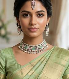 Pink pista color necklace set with earrings & maang tikka | kundan & agate stone | silver plated
