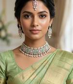 Pink pista color necklace set with earrings & maang tikka | kundan & agate stone | silver plated