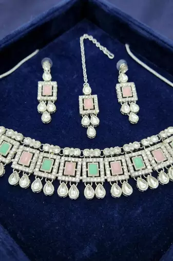 Pink pista color necklace set with earrings & maang tikka | kundan & agate stone | silver plated