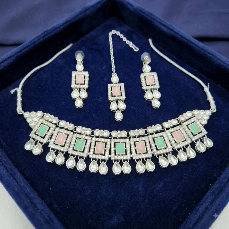 Pink pista color necklace set with earrings & maang tikka | kundan & agate stone | silver plated
