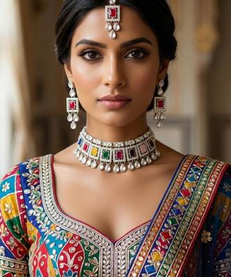 Multicolor necklace set with earrings & maang tikka | kundan & agate stone | silver plated 1