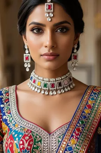 Multicolor necklace set with earrings & maang tikka | kundan & agate stone | silver plated