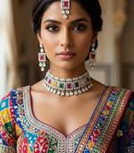 Multicolor necklace set with earrings & maang tikka | kundan & agate stone | silver plated
