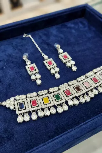 Multicolor necklace set with earrings & maang tikka | kundan & agate stone | silver plated