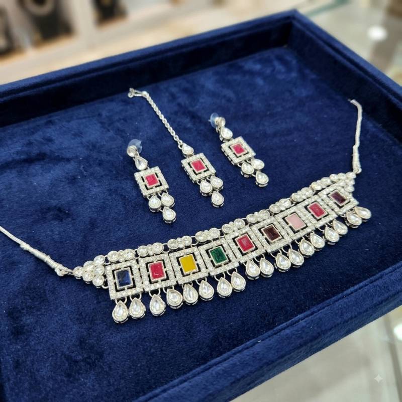 Multicolor necklace set with earrings & maang tikka | kundan & agate stone | silver plated