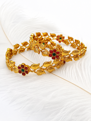 Set of 2 bangles, leaf & vine design, traditional indian wear, ruby & emerald stones, festive occasion 1