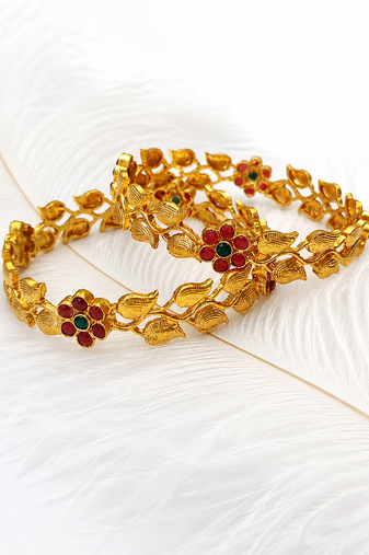 Set of 2 bangles, leaf & vine design, traditional indian wear, ruby & emerald stones, festive occasion