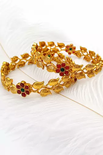 Set of 2 bangles, leaf & vine design, traditional indian wear, ruby & emerald stones, festive occasion