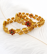 Set of 2 bangles, leaf & vine design, traditional indian wear, ruby & emerald stones, festive occasion
