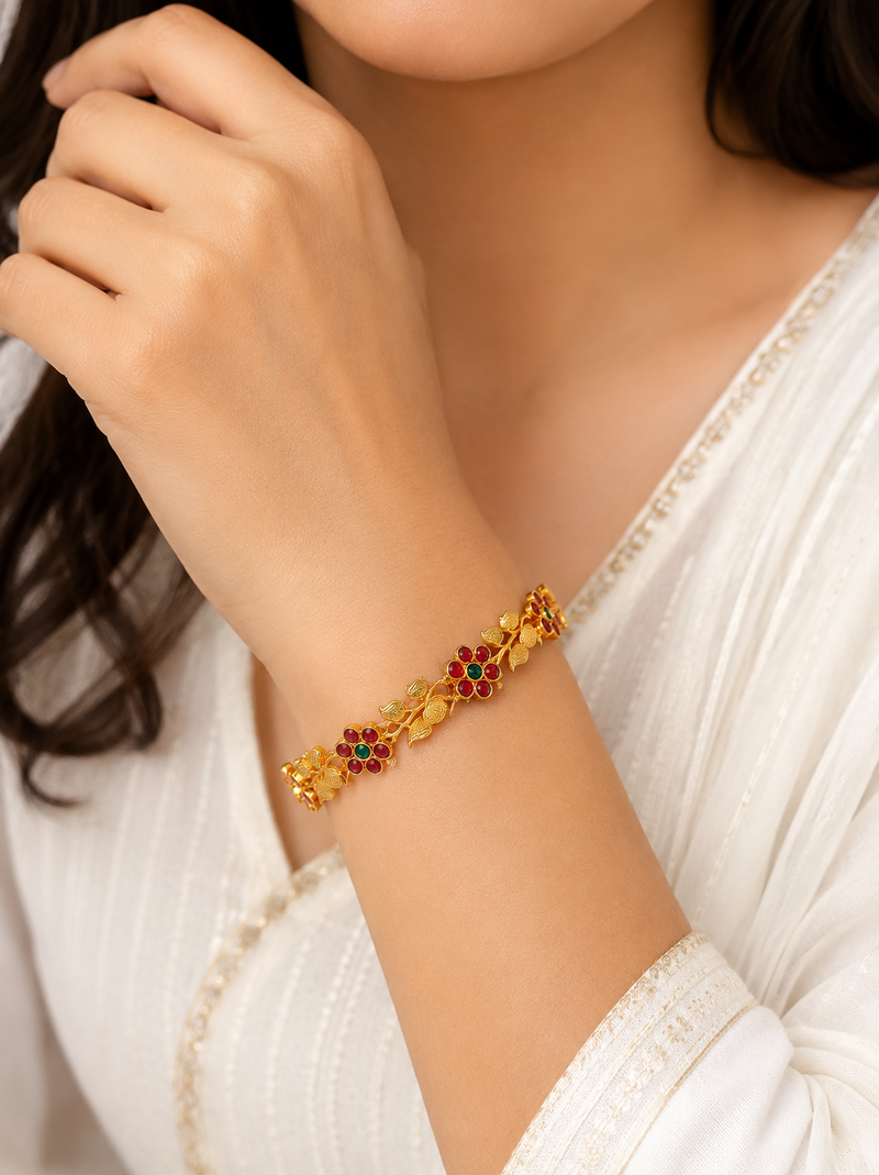 Set of 2 bangles, leaf & vine design, traditional indian wear, ruby & emerald stones, festive occasion