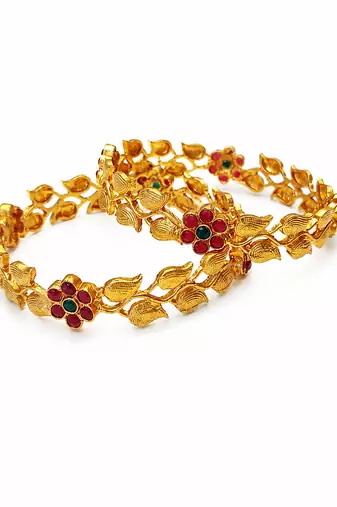 Set of 2 bangles, leaf & vine design, traditional indian wear, ruby & emerald stones, festive occasion