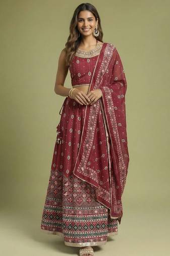 Printed Sequinned Ready to Wear Lehenga & Blouse With Dupatta