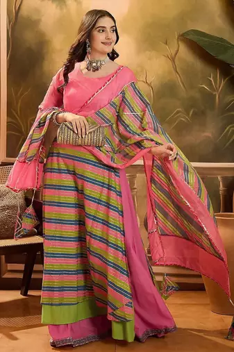 Round Neck Leheriya Printed Pure Cotton Lehenga And Choli With Dupatta