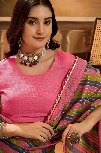 Round Neck Leheriya Printed Pure Cotton Lehenga And Choli With Dupatta