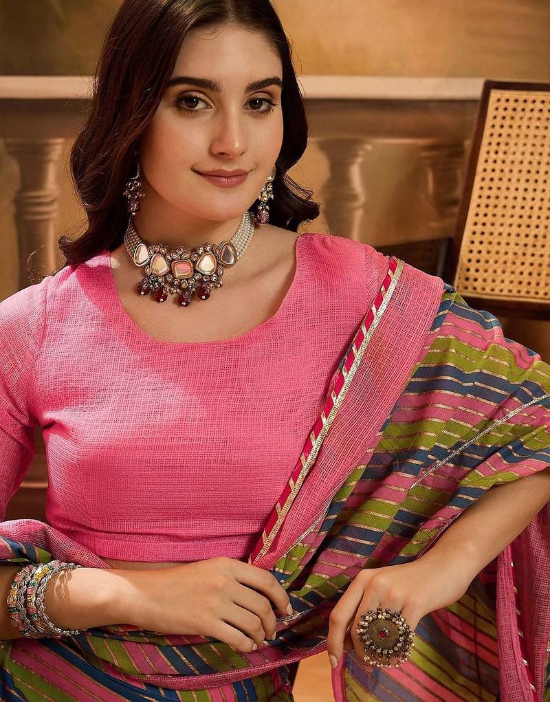 Round Neck Leheriya Printed Pure Cotton Lehenga And Choli With Dupatta