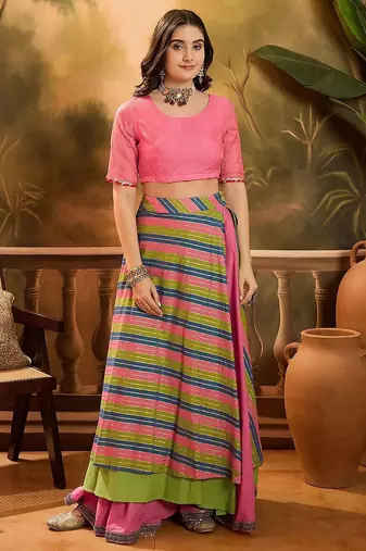 Round Neck Leheriya Printed Pure Cotton Lehenga And Choli With Dupatta