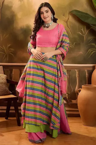 Round Neck Leheriya Printed Pure Cotton Lehenga And Choli With Dupatta