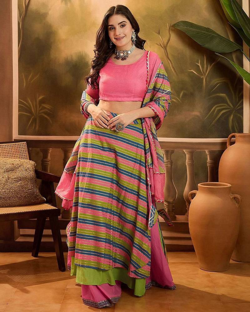 Round Neck Leheriya Printed Pure Cotton Lehenga And Choli With Dupatta