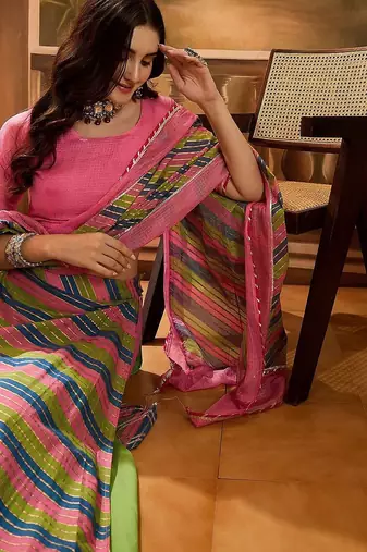 Round Neck Leheriya Printed Pure Cotton Lehenga And Choli With Dupatta