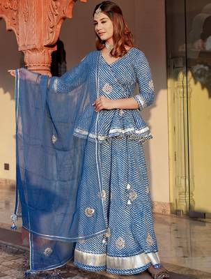 Women Blue Printed Gotta Patti Lehriya Ready to Wear Lehenga & Blouse With Dupatta 1