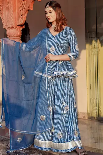 Women Blue Printed Gotta Patti Lehriya Ready to Wear Lehenga & Blouse With Dupatta