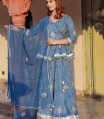 Women Blue Printed Gotta Patti Lehriya Ready to Wear Lehenga & Blouse With Dupatta
