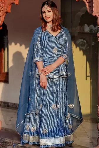 Women Blue Printed Gotta Patti Lehriya Ready to Wear Lehenga & Blouse With Dupatta