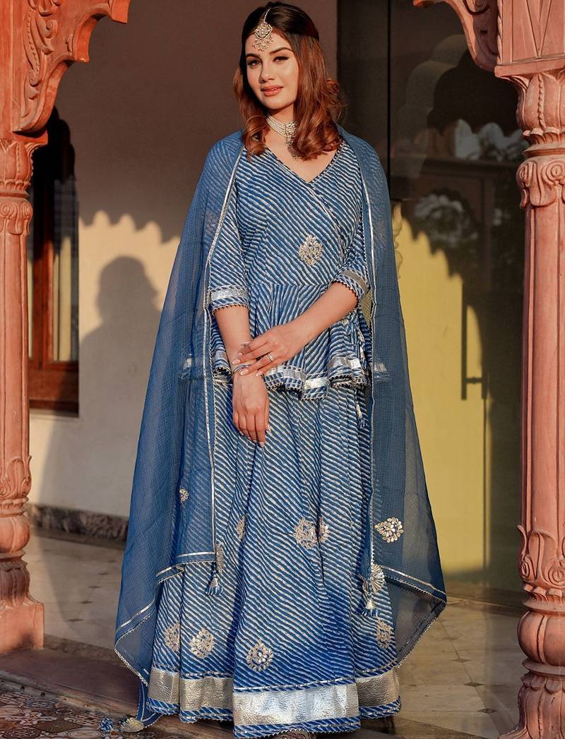 Women Blue Printed Gotta Patti Lehriya Ready to Wear Lehenga & Blouse With Dupatta