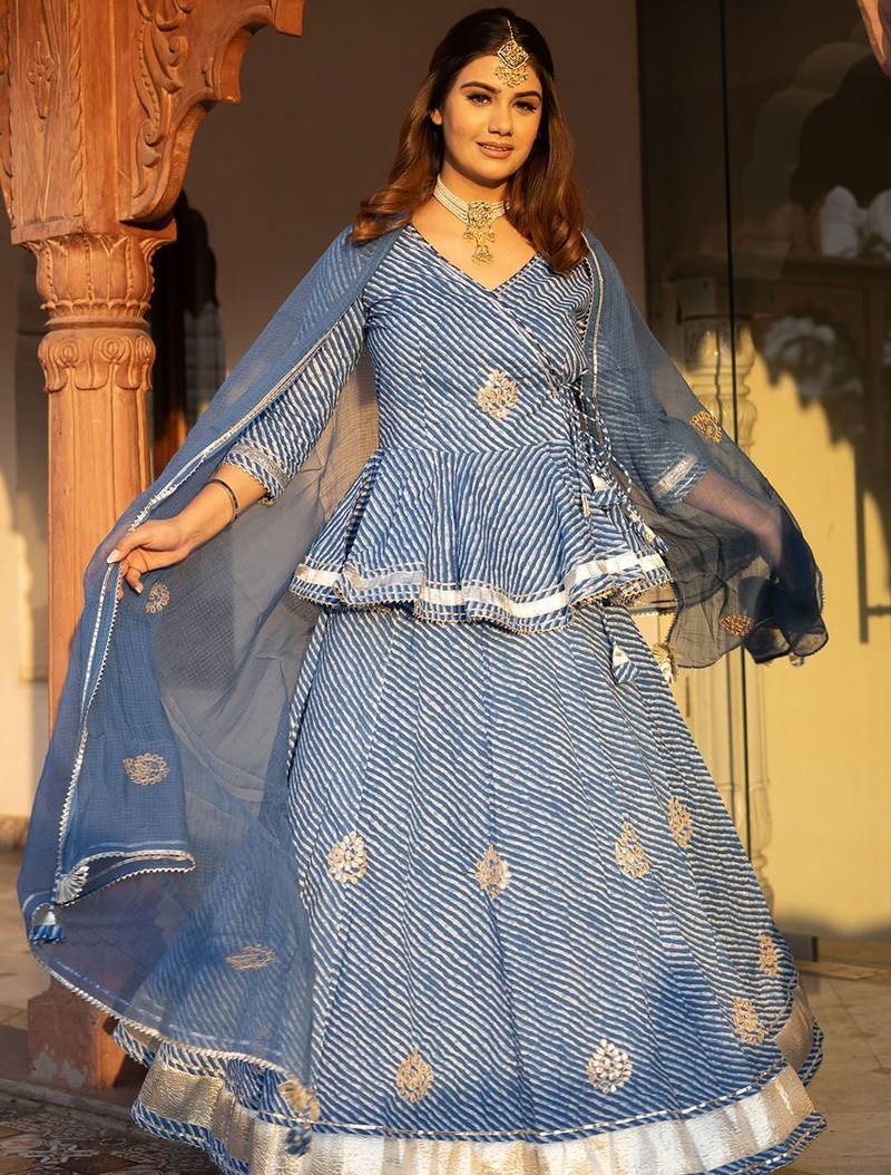 Women Blue Printed Gotta Patti Lehriya Ready to Wear Lehenga & Blouse With Dupatta