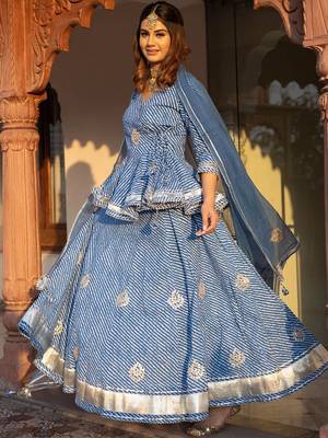 Women Blue Printed Gotta Patti Lehriya Ready to Wear Lehenga & Blouse With Dupatta 4