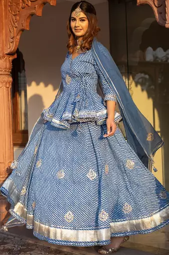 Women Blue Printed Gotta Patti Lehriya Ready to Wear Lehenga & Blouse With Dupatta