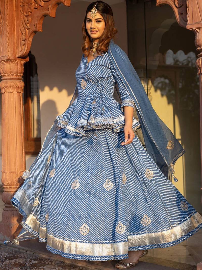 Women Blue Printed Gotta Patti Lehriya Ready to Wear Lehenga & Blouse With Dupatta